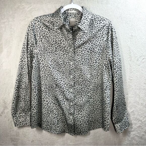 Chico’s No Iron Coolmax All Season Button Up Shirt Gray Leopard Career Women’s S - Picture 1 of 7